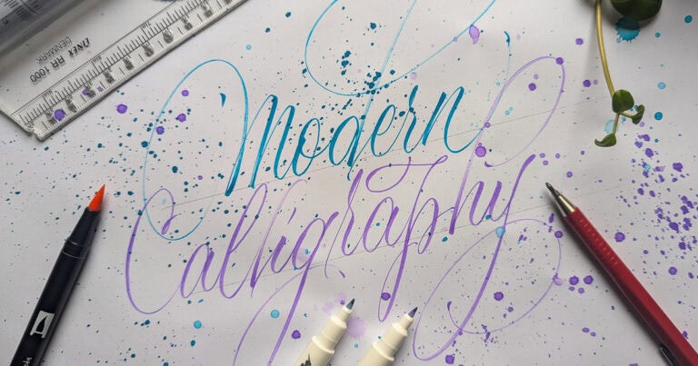 Colorful modern calligraphy with artistic splatters.
