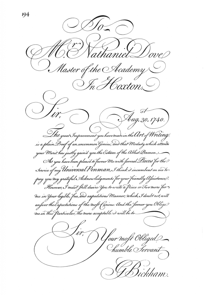 George Bickham’s Round Hand script, from The Universal Penman, c. 1740–1741 (an engraving, not actual writing).