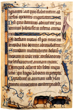 Page from a 14th-century psalter(Vulgate Ps 93:16–21), with Textualis Presciscus “sine pedibus” text. 