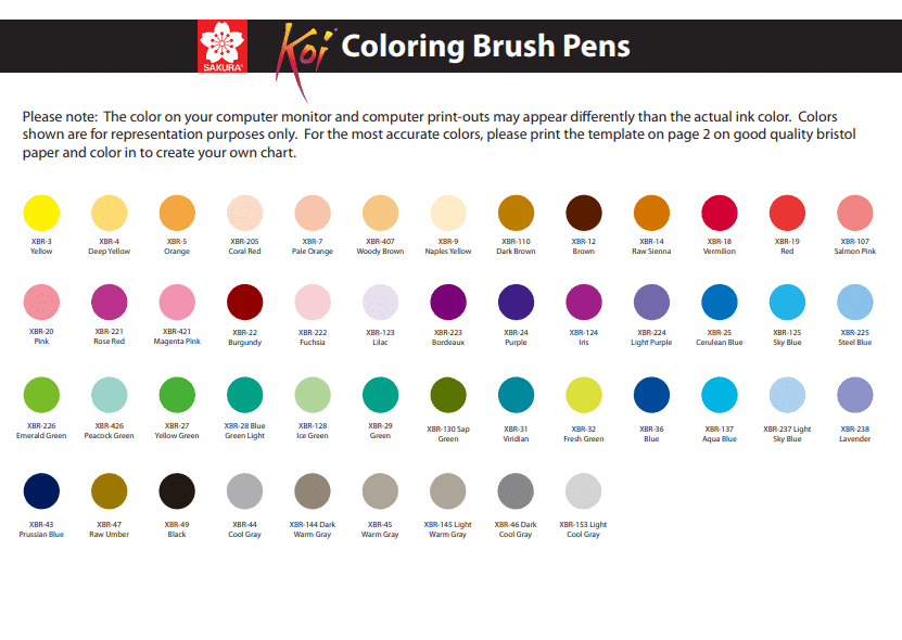 Sakura Koi Brush pen color chart