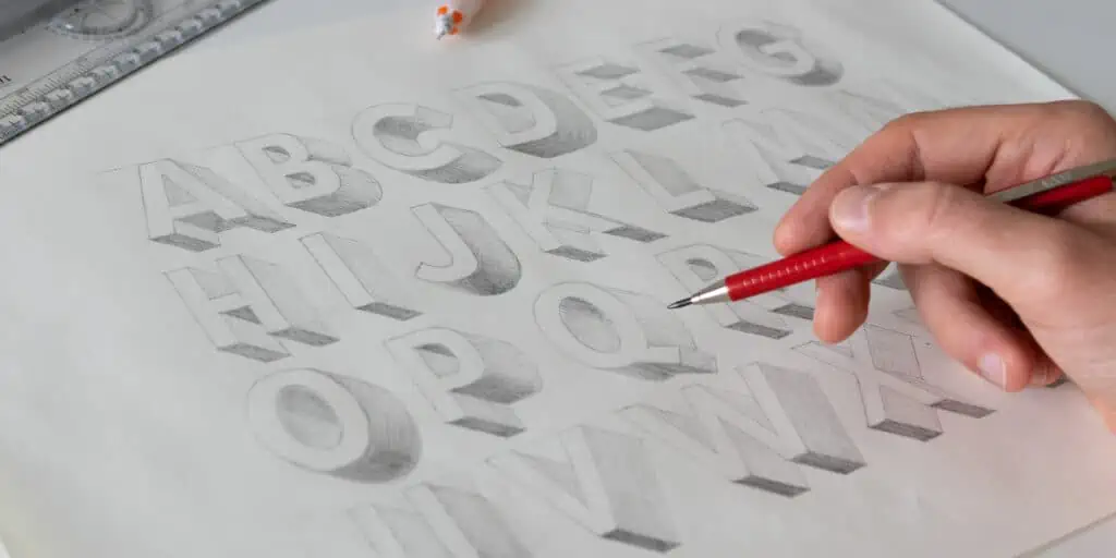 Hand sketching 3D letters on paper.