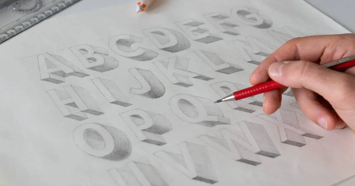Hand sketching 3D letters on paper.