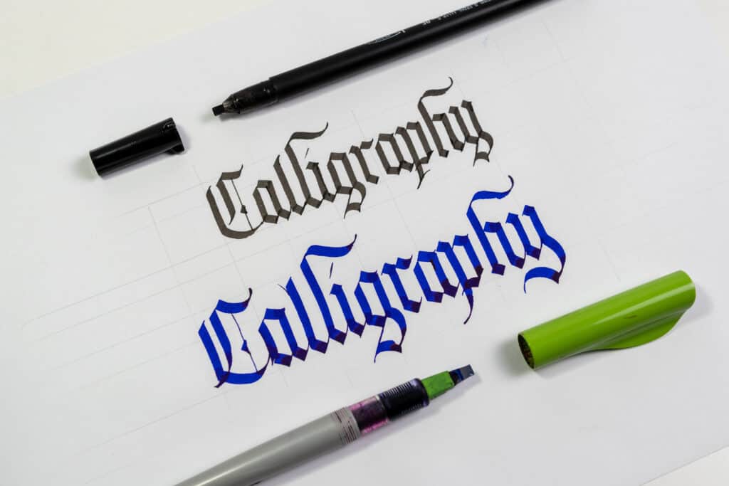 Blackletter calligraphy written with a broad edged marker and a Pilot parallel pen. 
