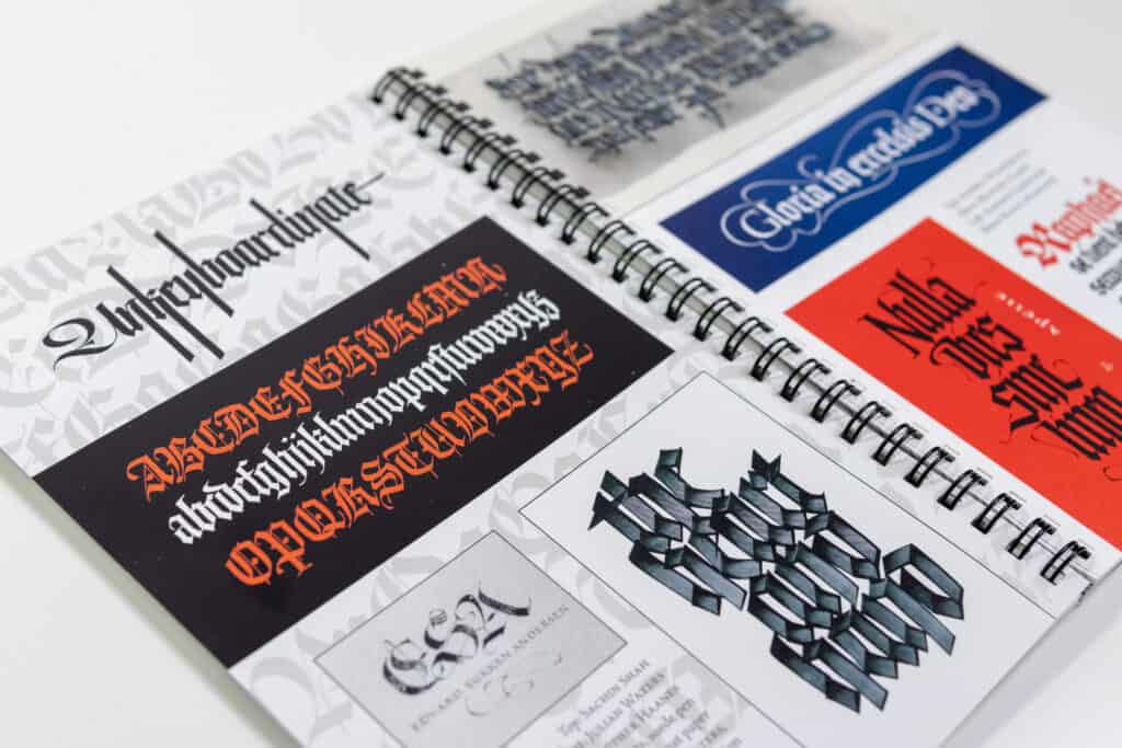 Blackletter calligraphy examples from the Speedball Textbook (25th edition).