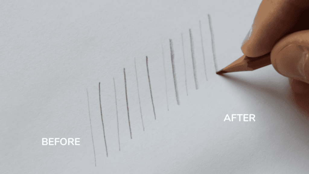 Difference in stroke contrast before and after dulling the tip of the pencil. 