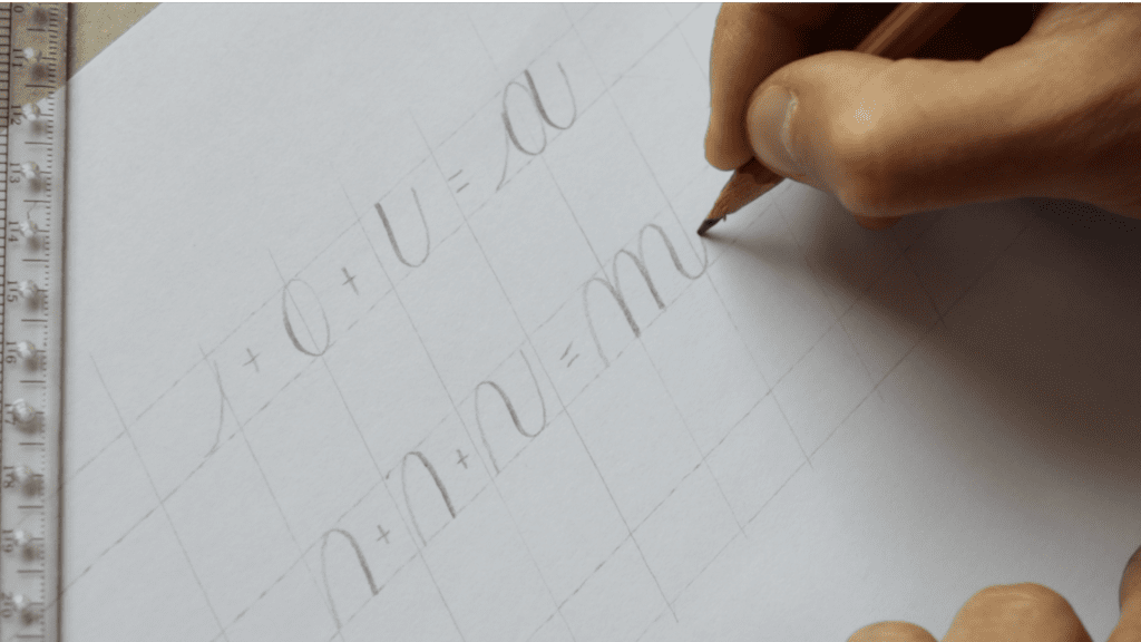 constructing the letter m with pencil calligraphy strokes.