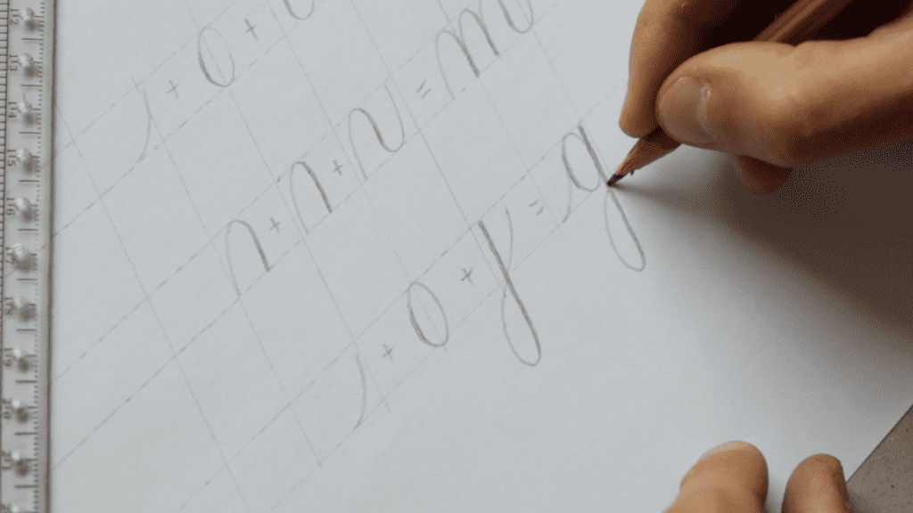 constructing the letter g with pencil calligraphy strokes.