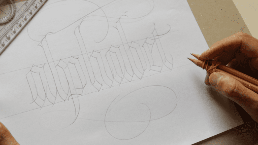 Hand sketching calligraphy of the word alphabet