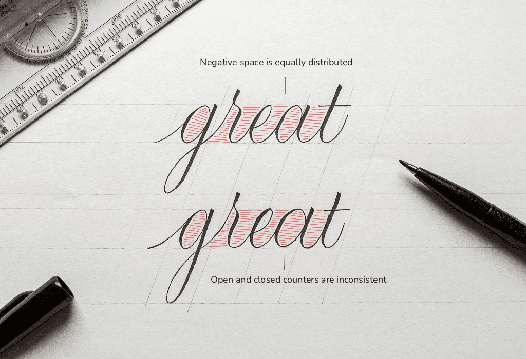 Consistent vs. inconsistent negative space in calligraphy.