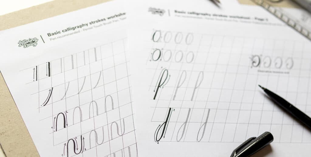 Practice worksheets for basic calligraphy strokes.