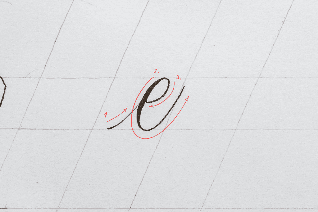 The letter e in calligraphy. 