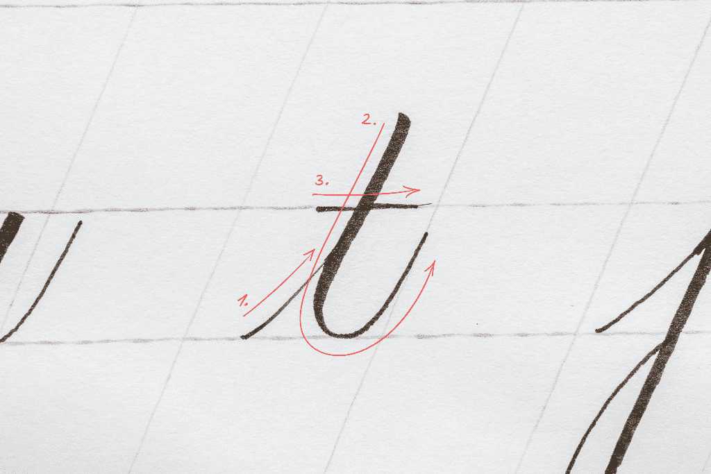 The letter t in calligraphy. 