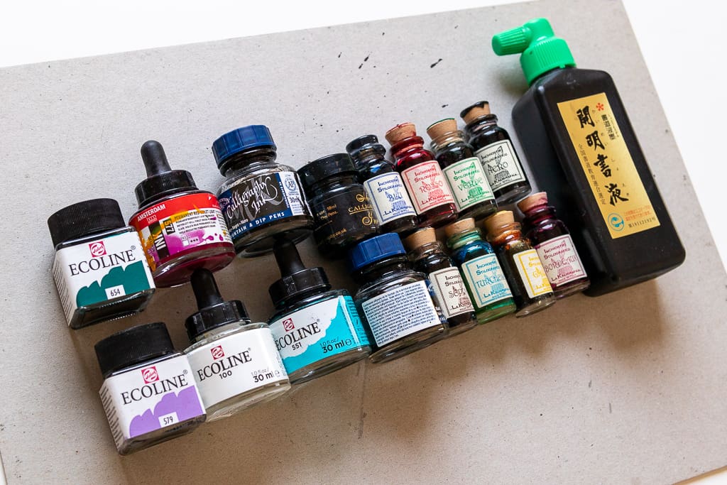 Various inks for calligraphy.