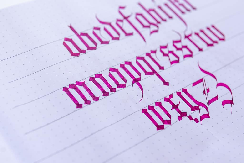 Gothic calligraphy alphabet on Rhodia Dot paper.