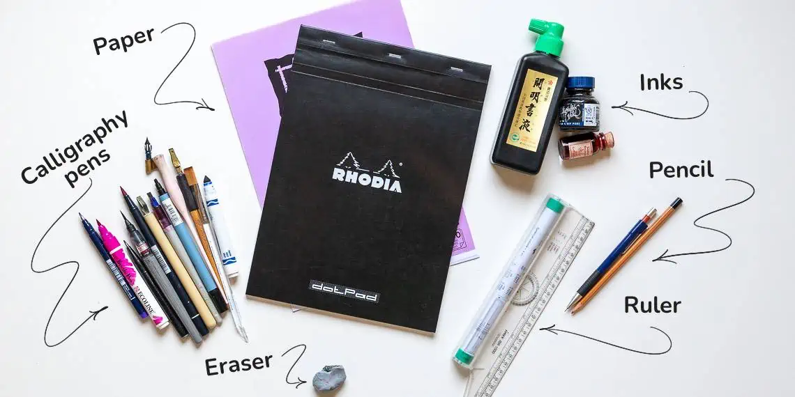Art supplies including pens, paper, ink, and ruler.