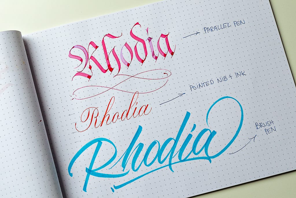 Sampling different calligraphy pens on Rhodia paper. 
