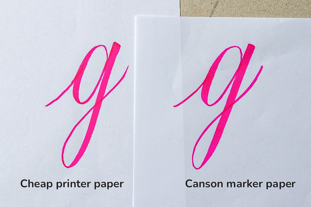 Brush calligraphy comparison on cheap print paper vs. Canson Marker paper. 
