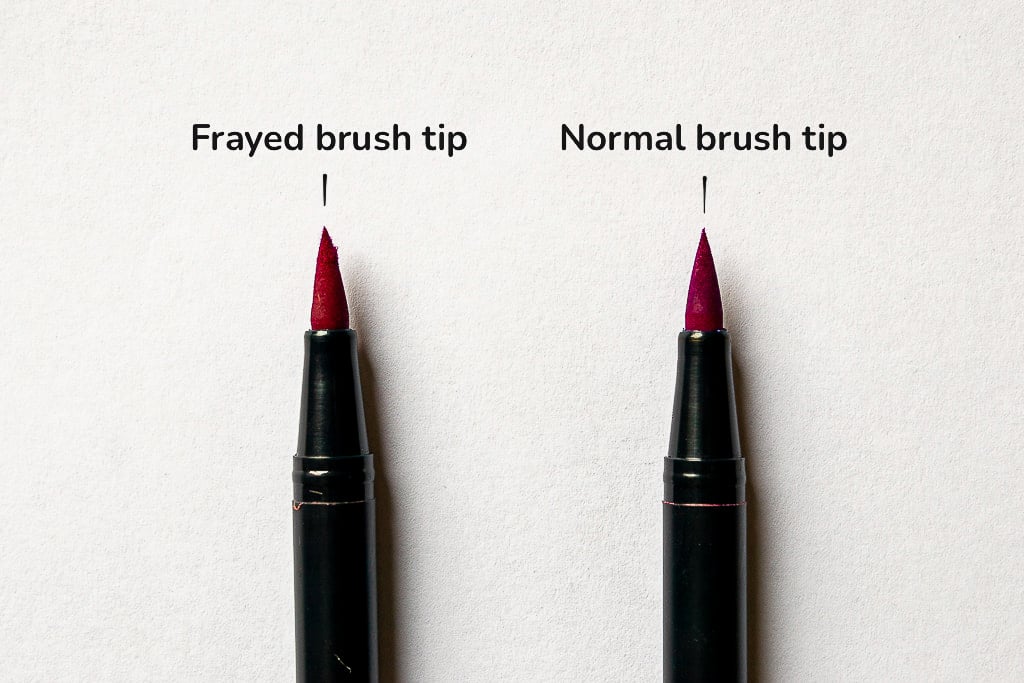 frayed nib vs. healthy nib of a brush pen. 