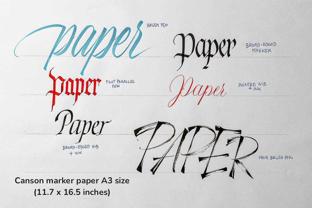 Sampling different calligraphy tools on Canson Marker paper. 