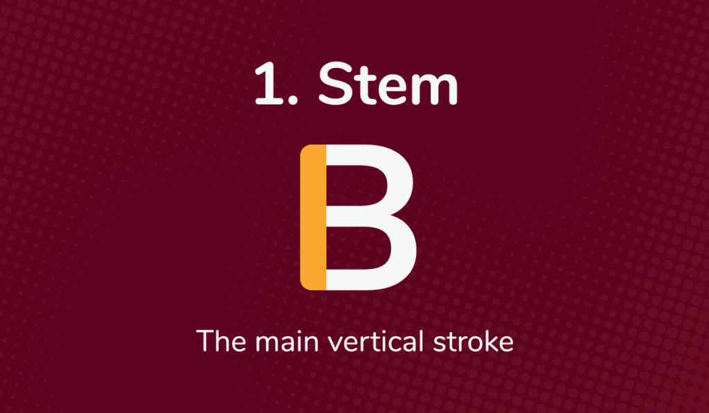 The stem of a capital B is shown in yellow on a dark red background