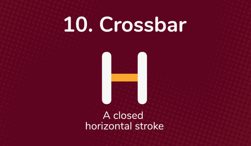 The crossbar of a capital H is shown in yellow on a dark red background