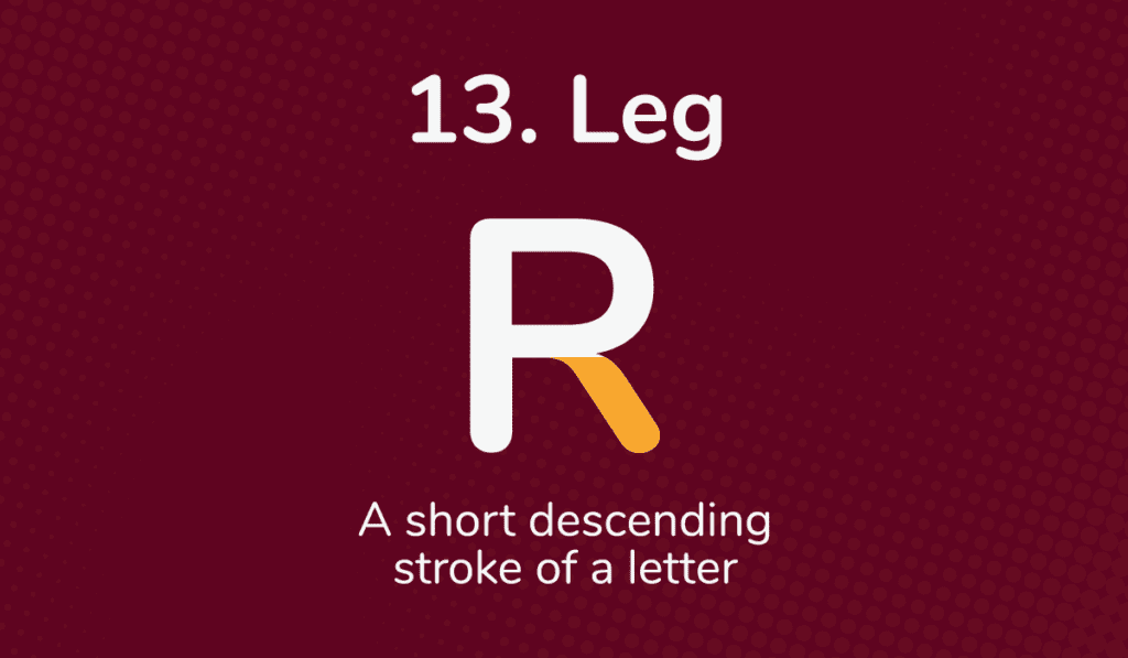The leg of a capital R is shown in yellow on a dark red background
