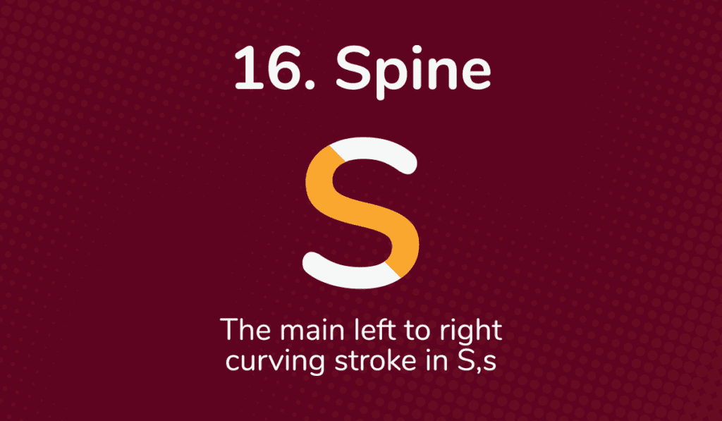 The spine of a capital S is shown in yellow on a dark red background