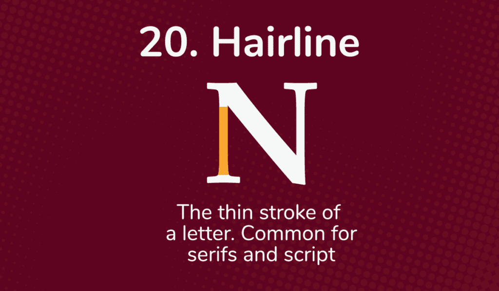 The hairline of a capital N is shown in yellow on a dark red background