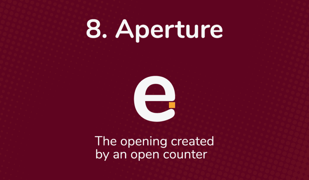 The aperture of a lowercase e is shown in yellow on a dark red background