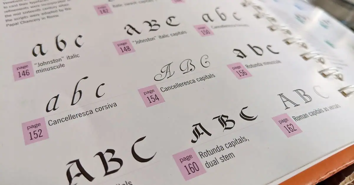 Variety of calligraphic alphabet styles displayed.