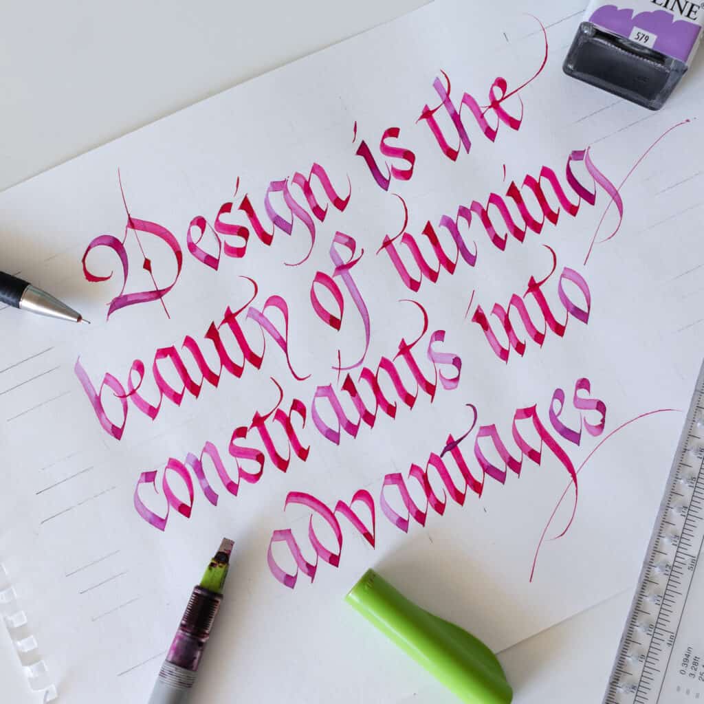 Quote written in Gothicized Italic calligraphy. 