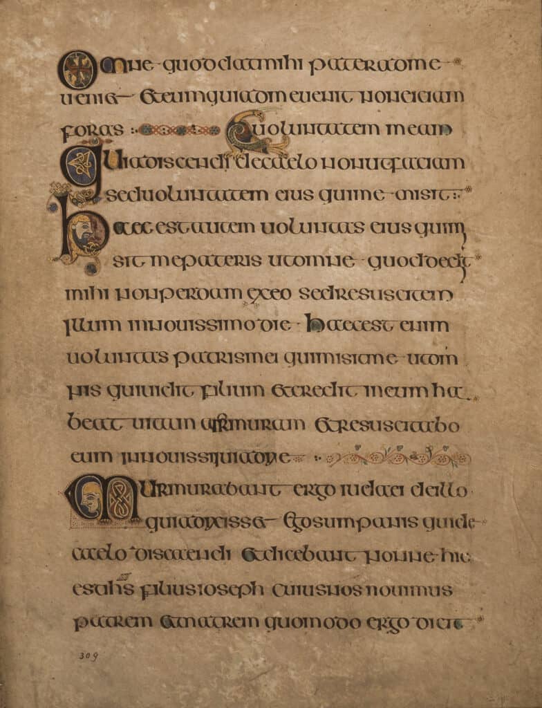 Page from the Book of Kells displaying insular half-uncial calligraphy. 