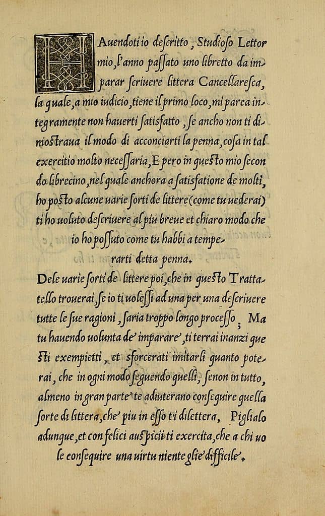 A page from La Operina by Arrighi shows the "chancery" writing style. 