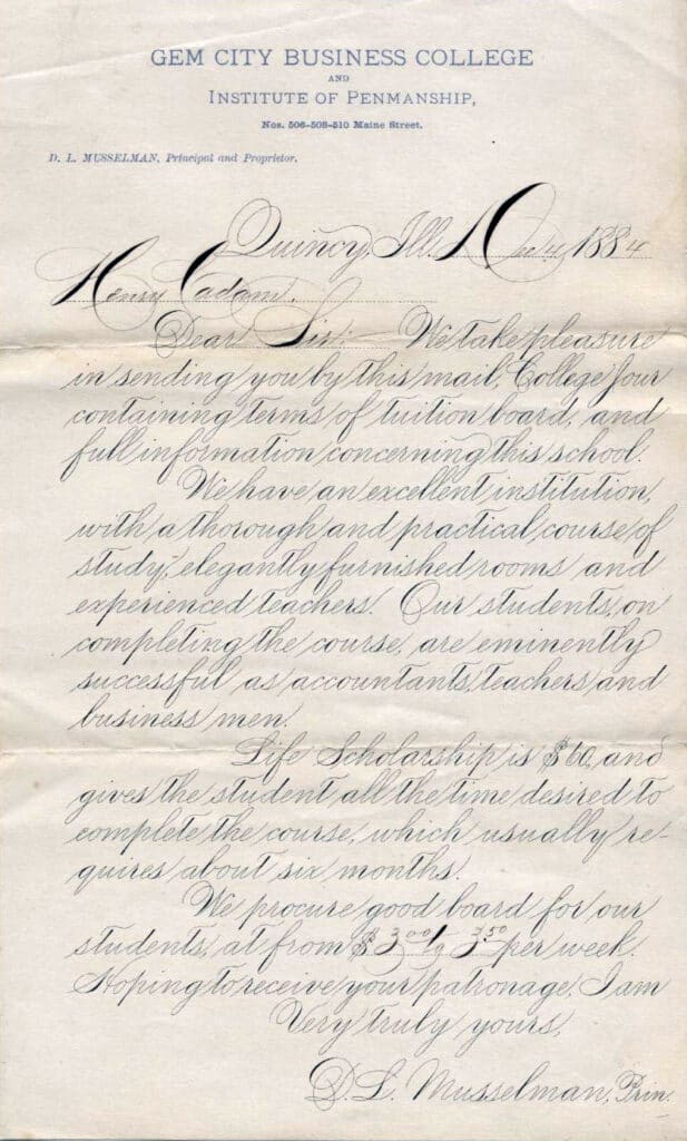 Spencerian script example by D.L. Musselman (1884)
