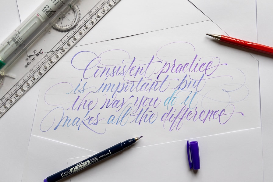 Freestyle brush calligraphy with Tombow Fudenosuke. Purple brush pen on white paper. 