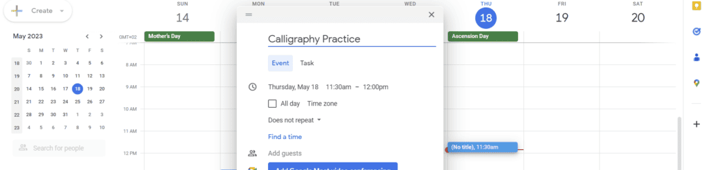 scheduling calligraphy practice in google calendar to maintain consistency. 