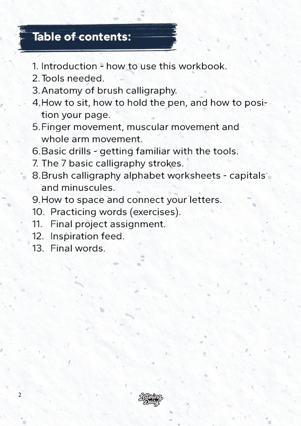 Table of contents for calligraphy workbook.