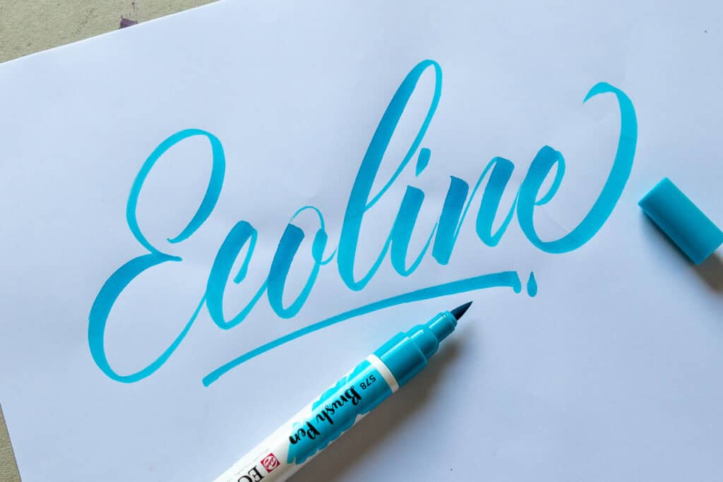 Blue calligraphy of the word Ecoline. 