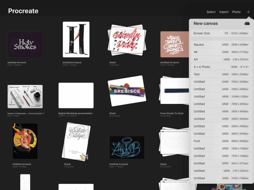 Procreate app interface showcasing various artworks and settings