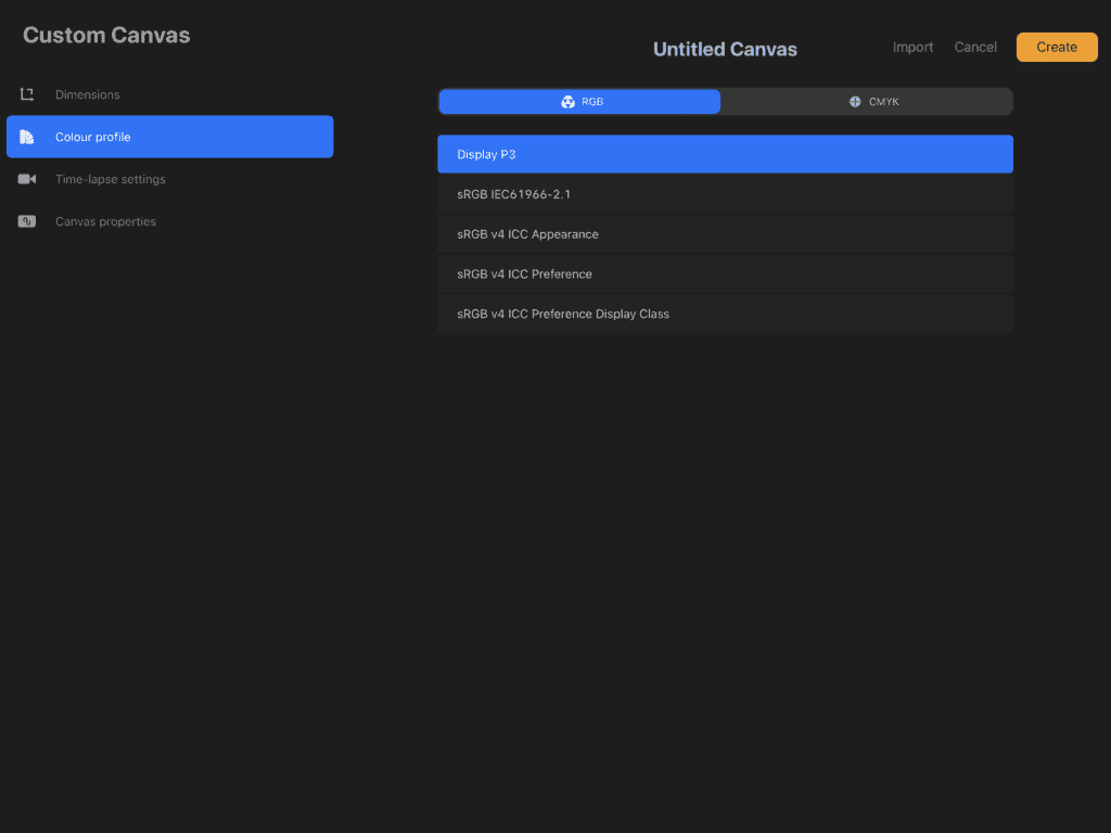 Custom canvas color profile settings interface