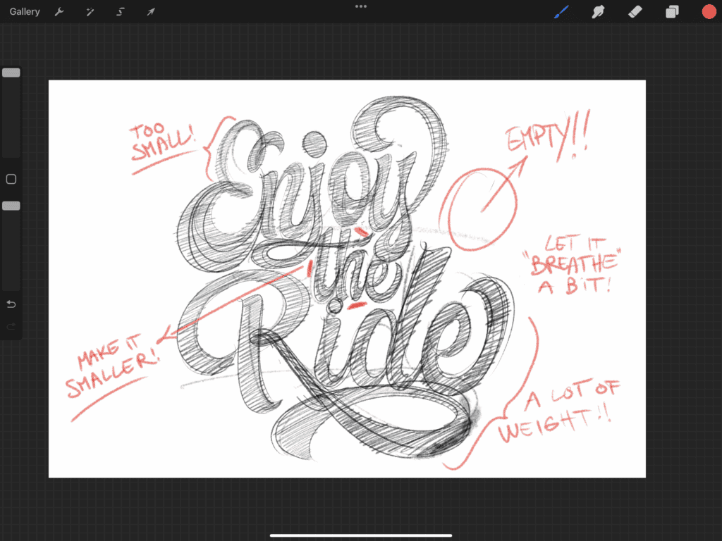 Handwritten typography sketch with annotations