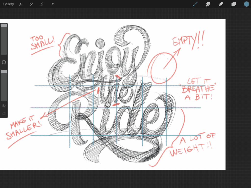 Sketch of typography with design notes