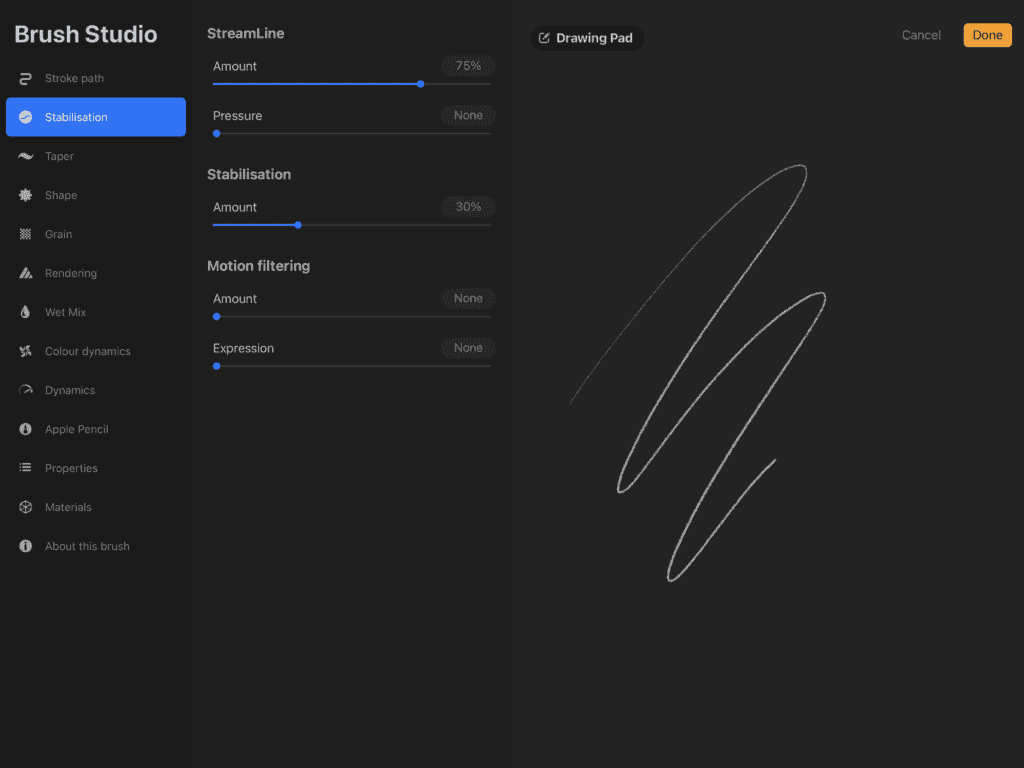 Brush Studio interface with stabilization settings.