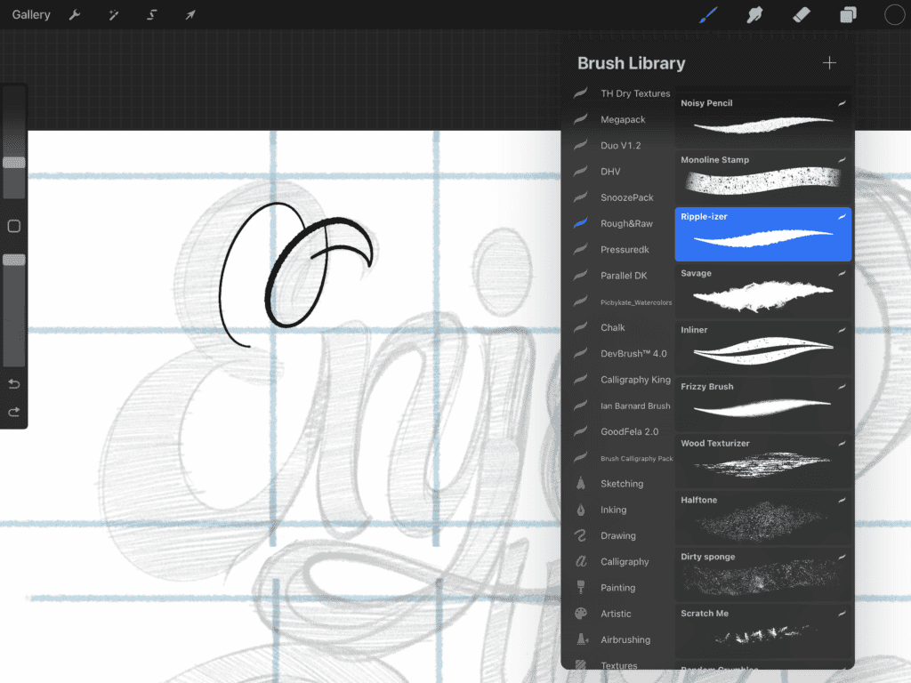 Brush library with various artistic tools displayed