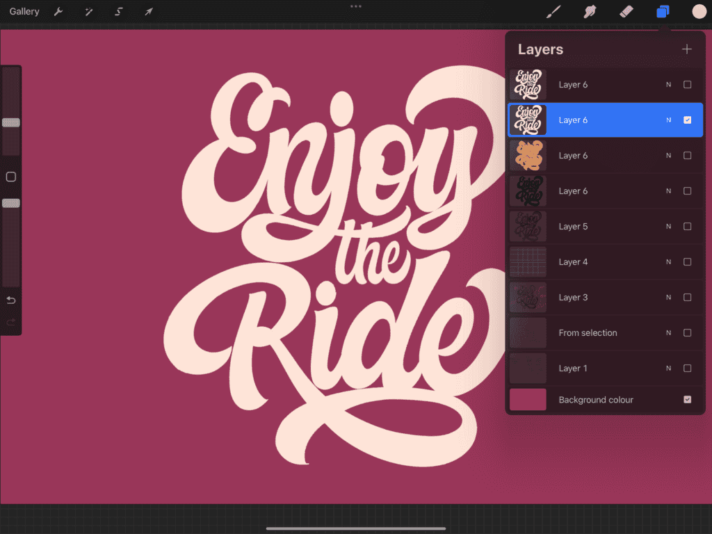 Stylized text: Enjoy the Ride on maroon background