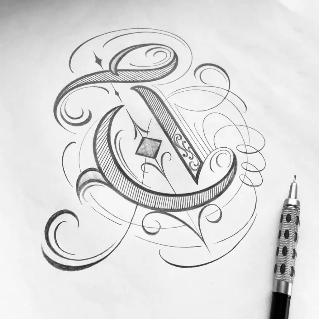Intricate sketch of the letter 'L' design.