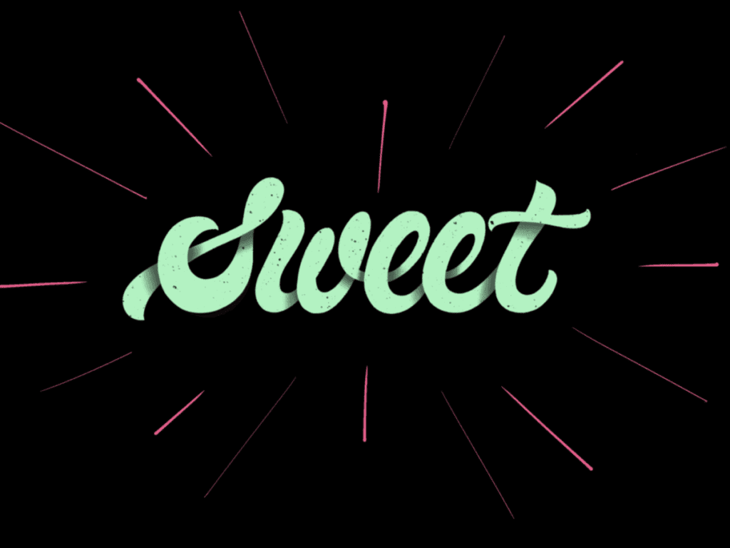 Stylized text saying 'Sweet' with radiating lines.
