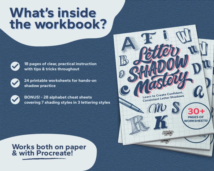 Workbook for mastering letter shadows and shading techniques.