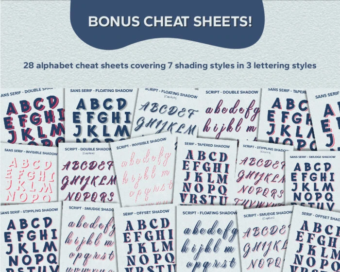 28 alphabet cheat sheets with various shading styles