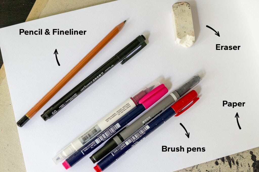 Art supplies including pencil, fineliner, eraser, paper.
